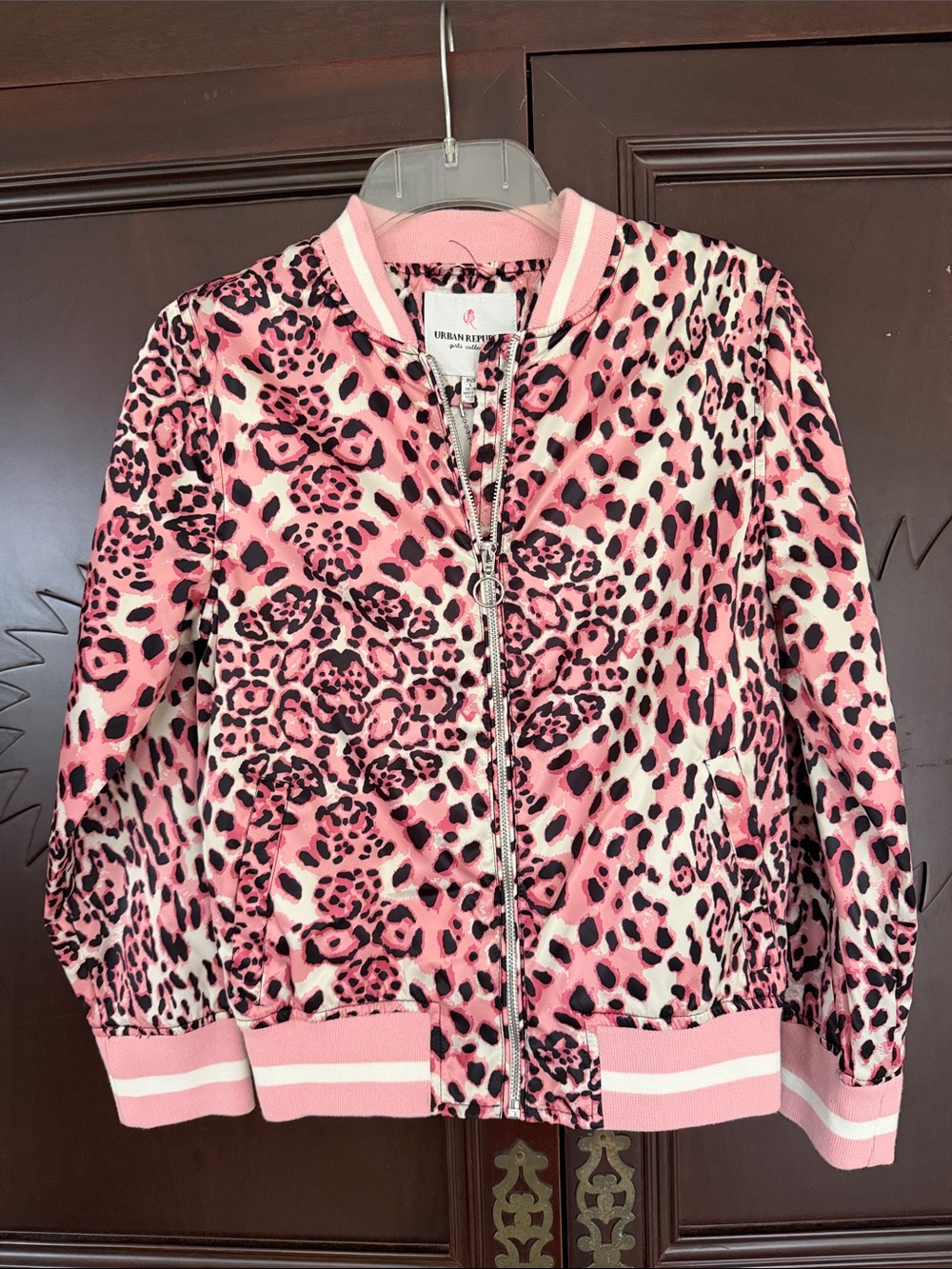 NWT URBAN REPUBLIC Girls Pink Leopard Print Lightweight Jacket Size L w Callouts